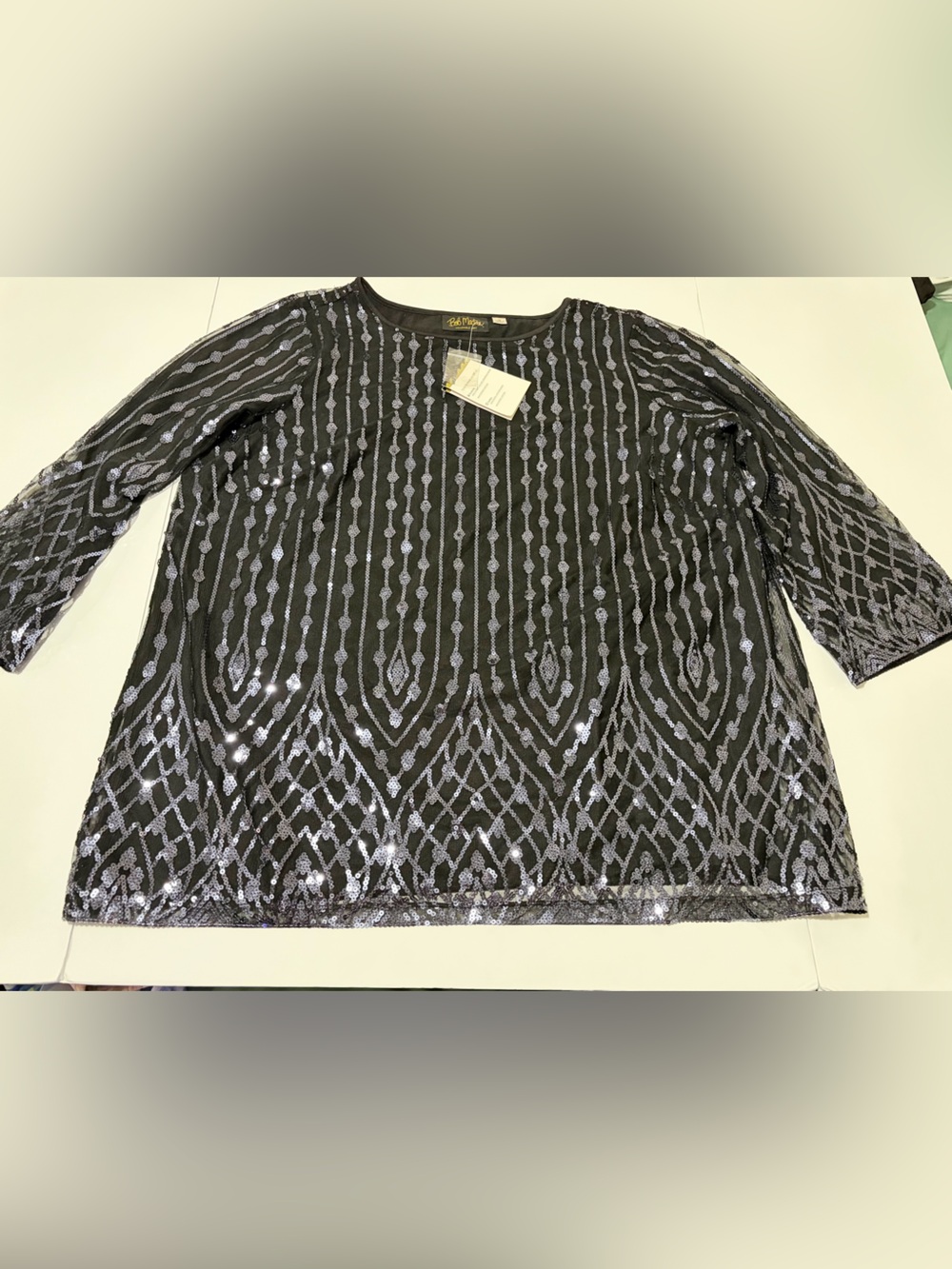 NWT Bob Mackie Wearable Art Sequin Mesh Top Black and Silver Size 1X
